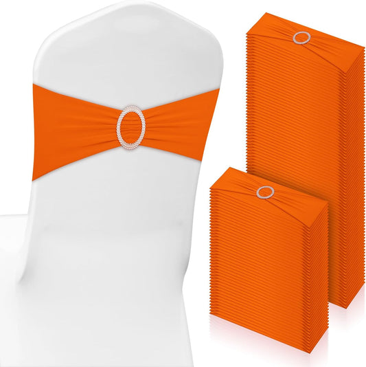 CHENGU 150 Pieces Spandex Stretch Chair Sashes Bows Elastic Chair Cover Bands Ties with Buckle Slider for Wedding Party Reception Events Universal Ceremony Banquet Decorations (Orange)