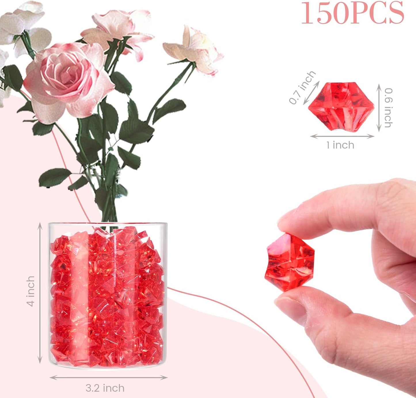 DomeStar Red Fake Ice Rocks, 150PCS Acrylic Gems Crystals Plastic Diamonds Centerpiece for Vase Fillers Wedding Party Table Scatter Decorations
