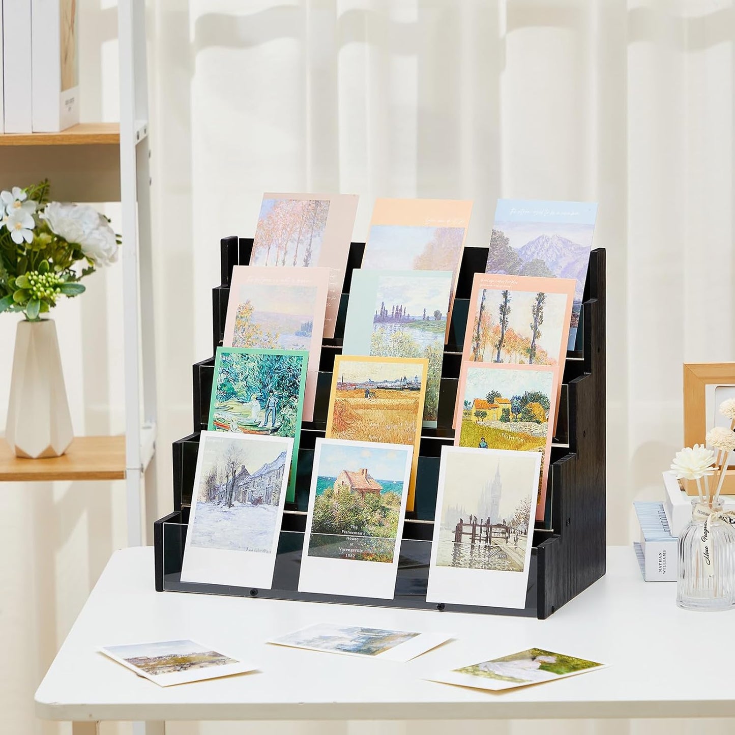 4 Tier Greeting Card Display Stand Black Bamboo and Acrylic Sticker Display Stand Trading Card Holder Retail Photos Shelf for Vendors Craft Collection & Show