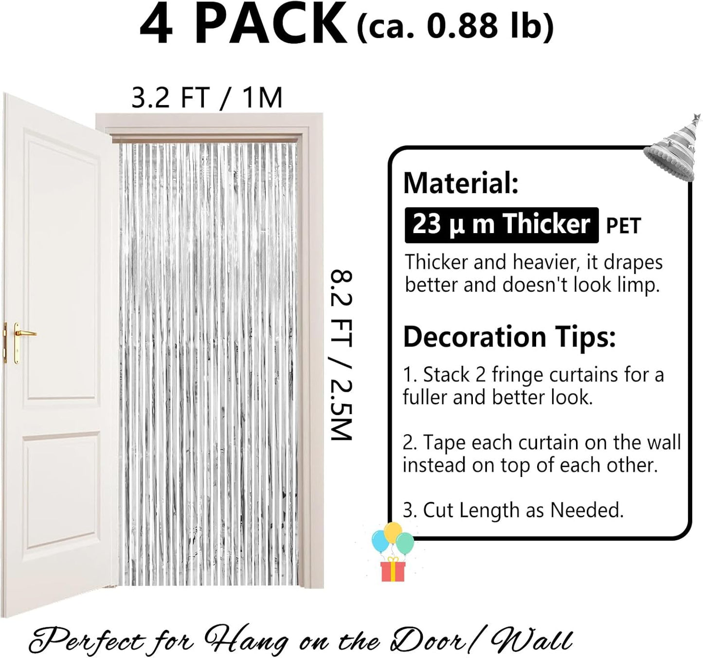 Silver Streamers Party Decorations - Thicken 4 Pack 3.2 x 8.2 FT - Black Tinsel Foil Fringe Backdrop Curtains, Photo Booth Props for Birthday, Graduation, Bachelorette, Prom, Engagement, Disco Party