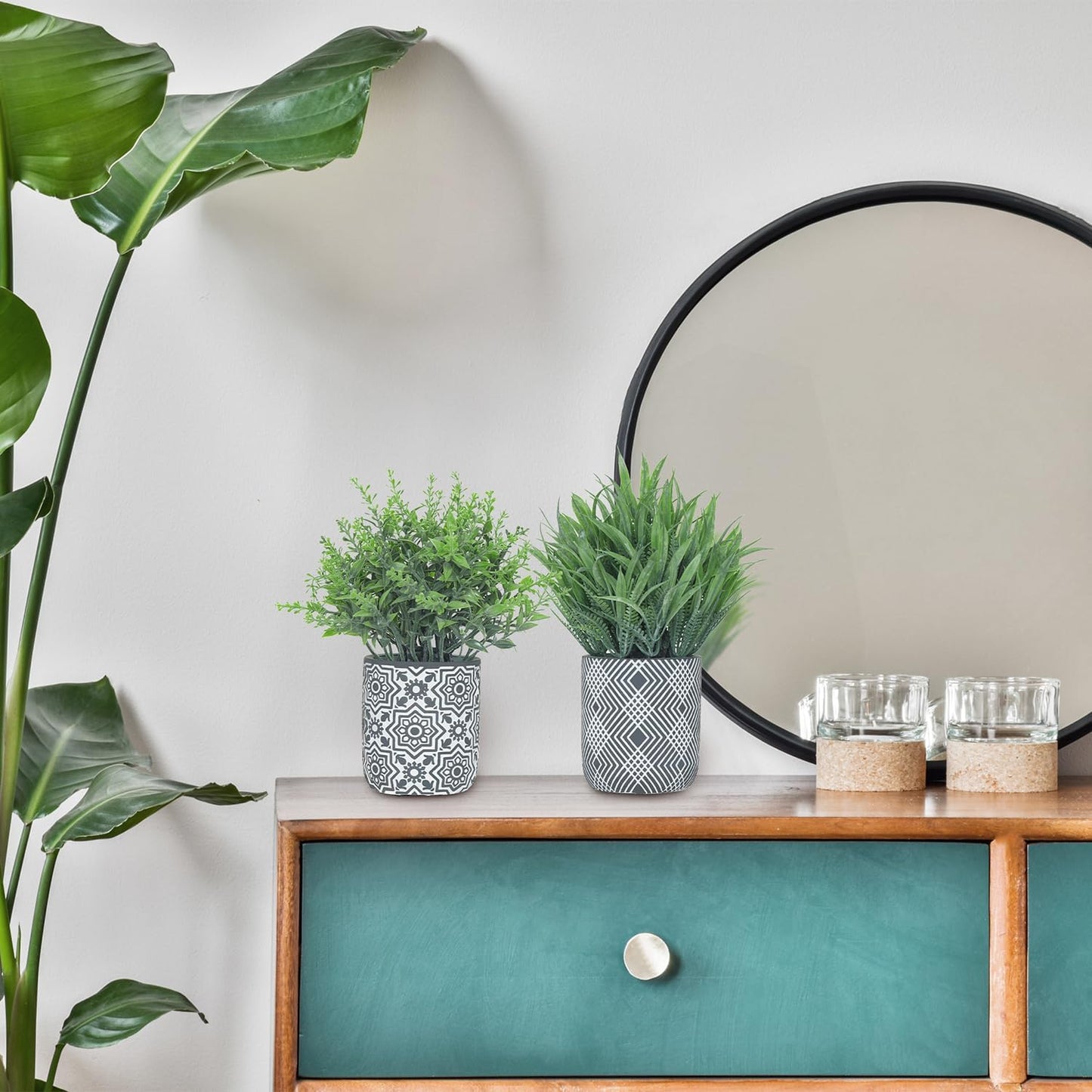 4 Pack Small Fake Plants, Fake Grass Plant, Artificial Boxwood & Rosemary, Lavender with Geometric Pattern Cement Pots, Small Potted Faux Greenery for Home Decor, Office, Indoor&Outdoor Decor