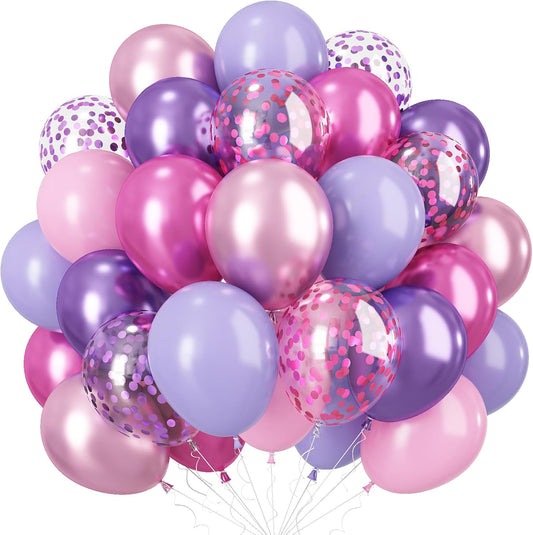 Pink and Purple Balloons, 60 Pcs 12 Inch Pastel Metallic Purple Pink Confetti Balloons with Magenta Balloon for Girls Women Birthday Baby Shower Bridal Shower Wedding Princess Party Decorations