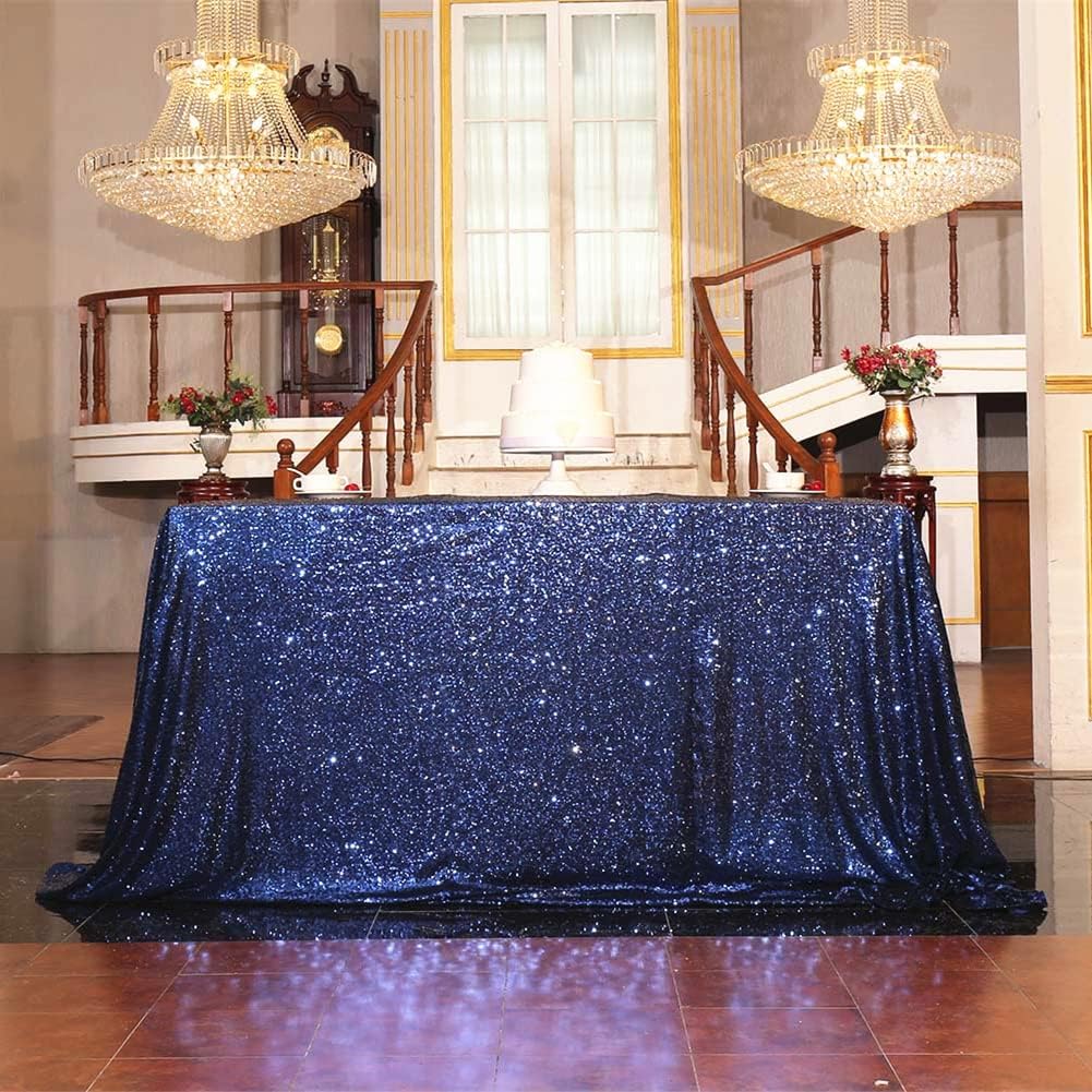 SquarePie Sequin Tablecloth 60 x 120 Inch Navy Blue Sparkly Table Linen for Wedding Party