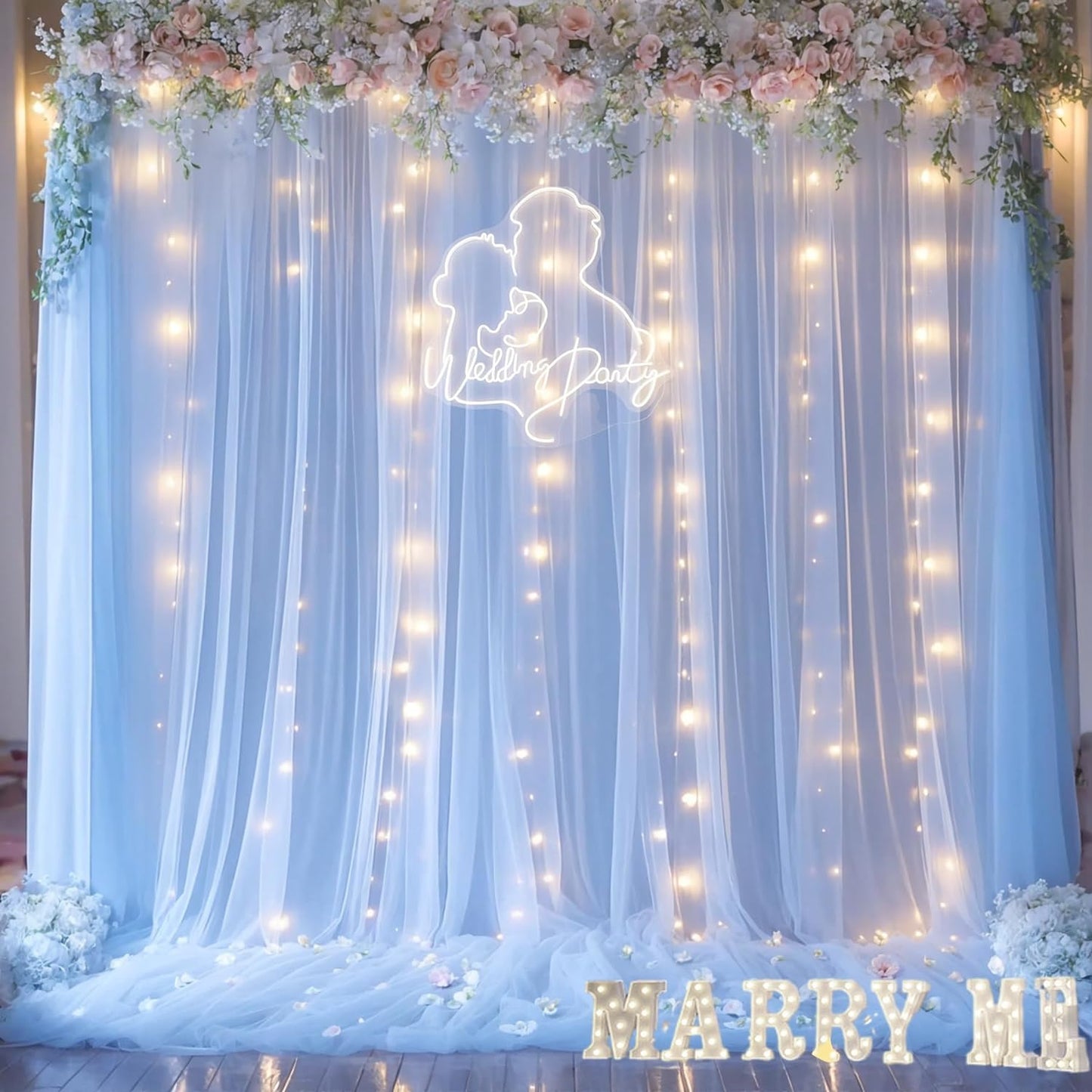Baby Blue Sheer Tulle Backdrop Curtains with Lights String for Parites Baby Shower Decorations for Boy Bridal Shower Birthday Party Photo Shoot Background Wall Decorations 10×8ft(2 Panels 5×8ft)