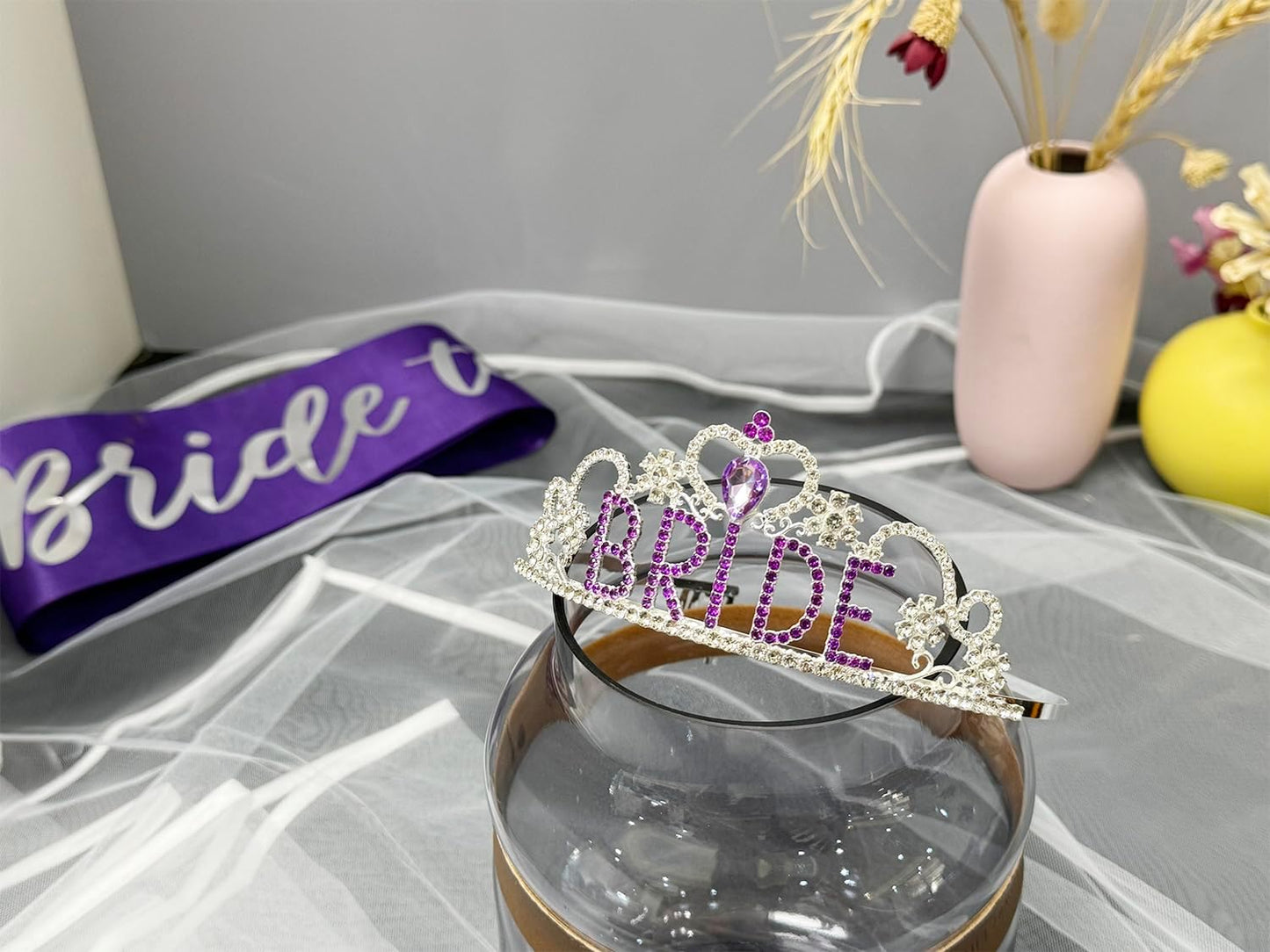 JETKONG 3 Pcs Bachelorette Party Decorations "BRIDE" Crown, Bride to Be Sash&Veil for Women Bachelorette Party Gifts, Bridal Shower Supplies, Gifts, Favors (Purple)