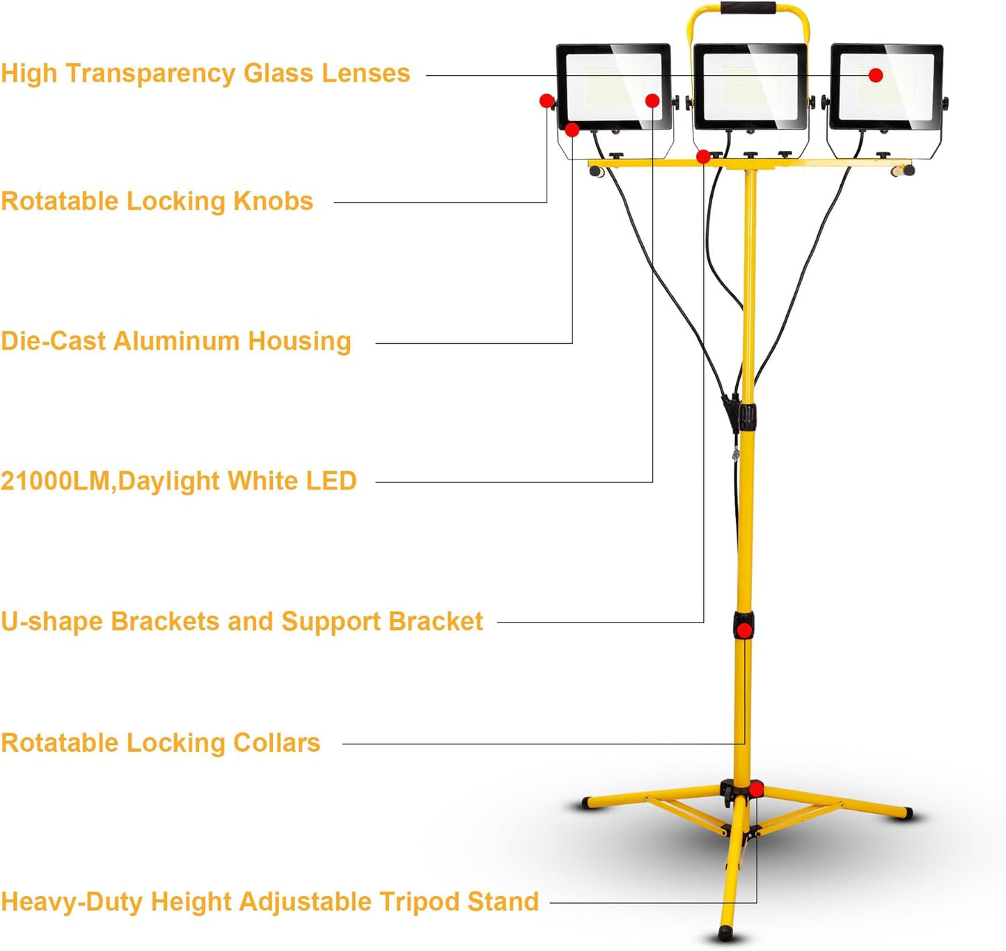 LED Worklights 60000Lumen, 3 Head 600W Work Light, Portable, with Stand, with 13.5FT Cord, IP66 Waterproof, Tripod, for Outdoor Indoor, Construction Site