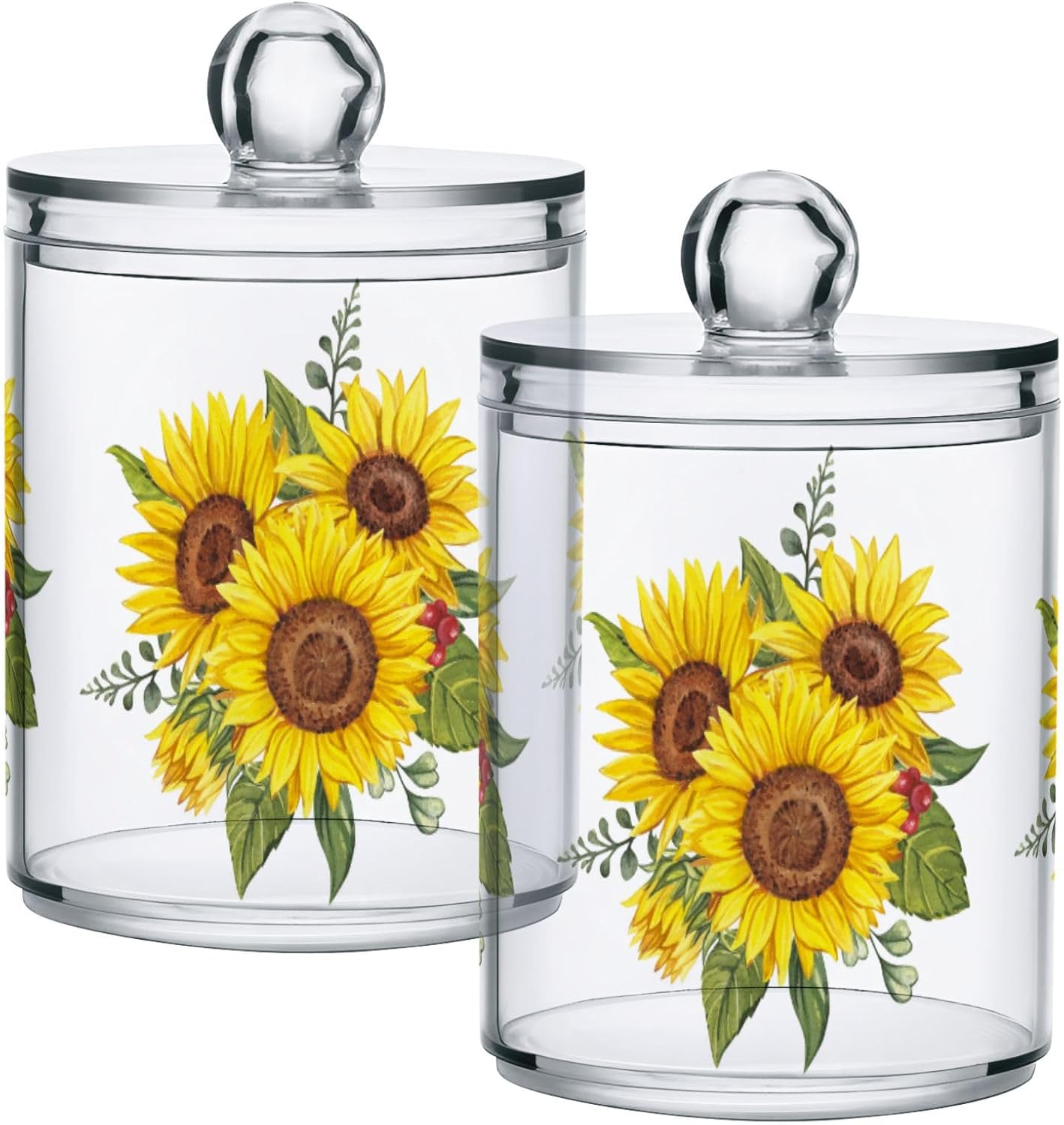 Gredecor Qtip Holder Dispenser 4 Pack Yellow Watercolor Sunflowers Apothecary Jars with Lids Bathroom Vanity Countertop Canister Storage Organizer for Cotton Ball,Swabs,Pads,Floss