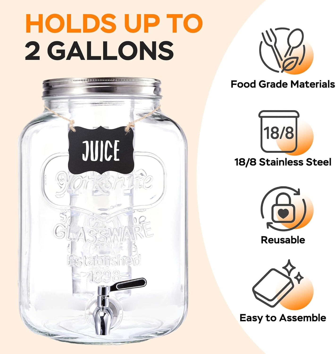 2 Gallon Glass Drink Dispenser for Parties, 2 Pack Beverage Dispenser with Stand, Lemonade Dispenser with 18/8 Stainless Steel Spigot, Leakproof for Sun Tea, Juice, Picnic, BBQ & Bars