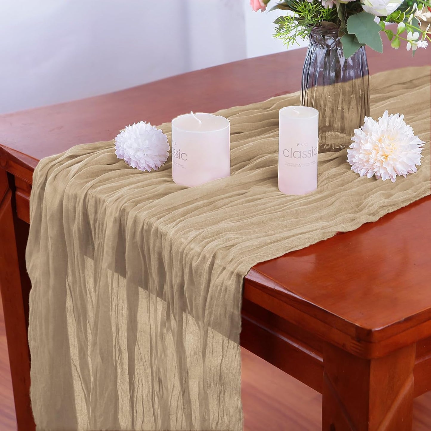 16PCS Beige Cheesecloth Table Runner - 35x120Inch Boho Gauze Cheese Cloth Table Runner Long Rustic Sheer Table Runners for Wedding Party Baby Bridal Shower Table Decor