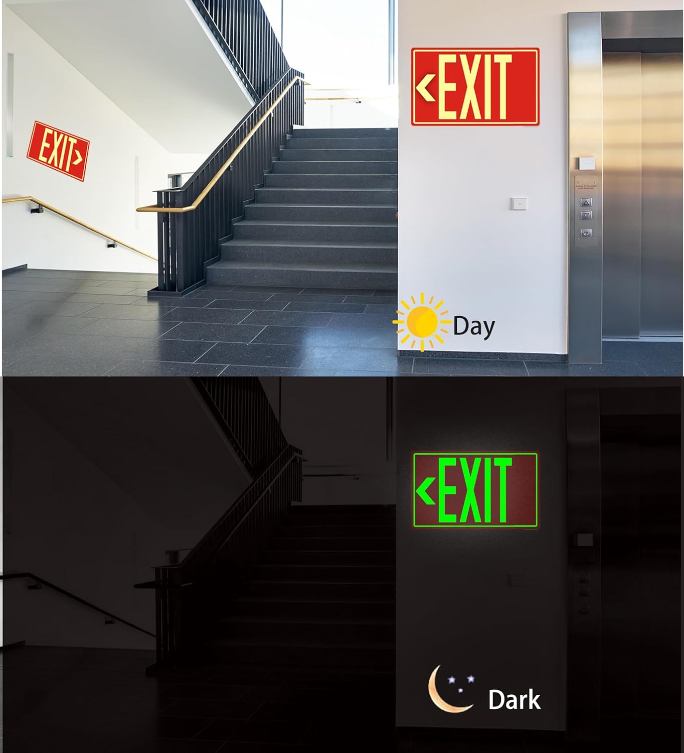 2Pack Photoluminescent Exit Sign Sticker, Glow In The Dark EXIT Signs, 12"x 7" EXIT Signs with Self-Adhesive Backing, Includes 4pcs Removable Arrows