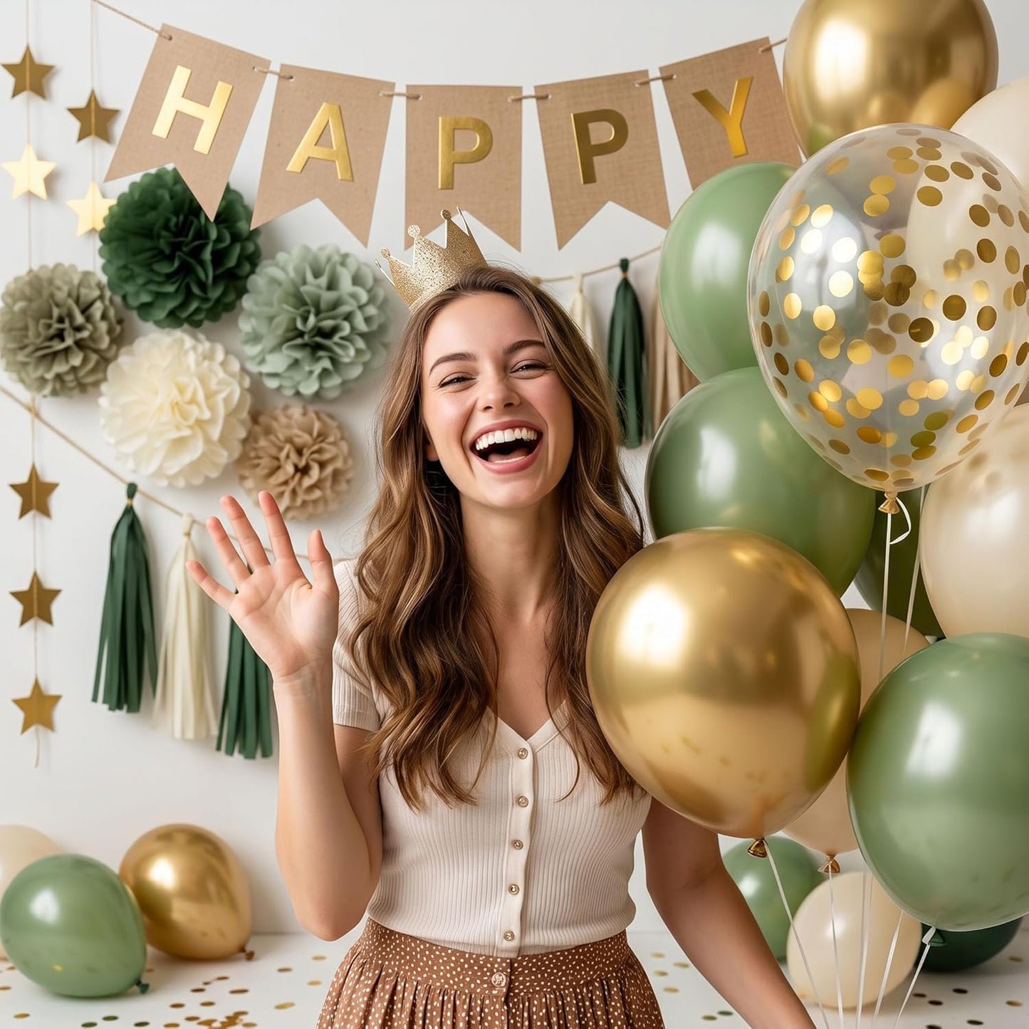 ANSOMO Sage Green Happy Birthday Party Decorations Retro Green Nude Ivory Dark Olive Kraft Paper