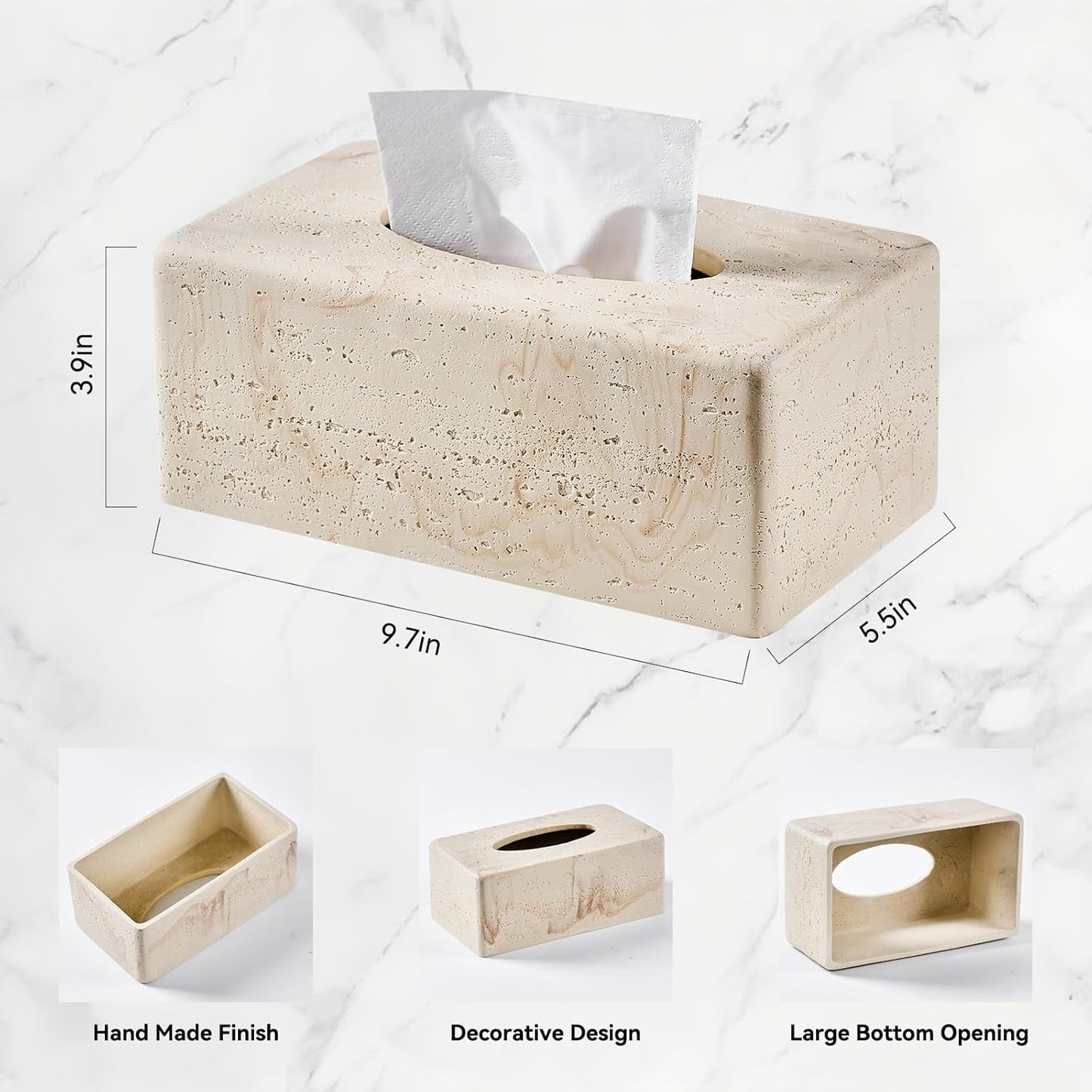 Natural Travertine Textures Tissue Box Cover Rectangular for Home Decor,Resin Heavy Tissue Box Holder for Bathroom Countertop,Tabletop,Bedside Table,Office （Made of Resin, Height of 4 in