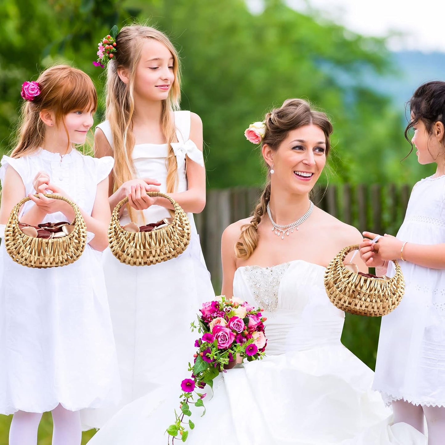 Taiyin 3 Pack Rattan Flower Girl Basket Small Half Moon Straw Wicker Basket with Handle Ideal for Wedding Flower Girl,Picnic,Garden Storage and Home Decor (Nature)