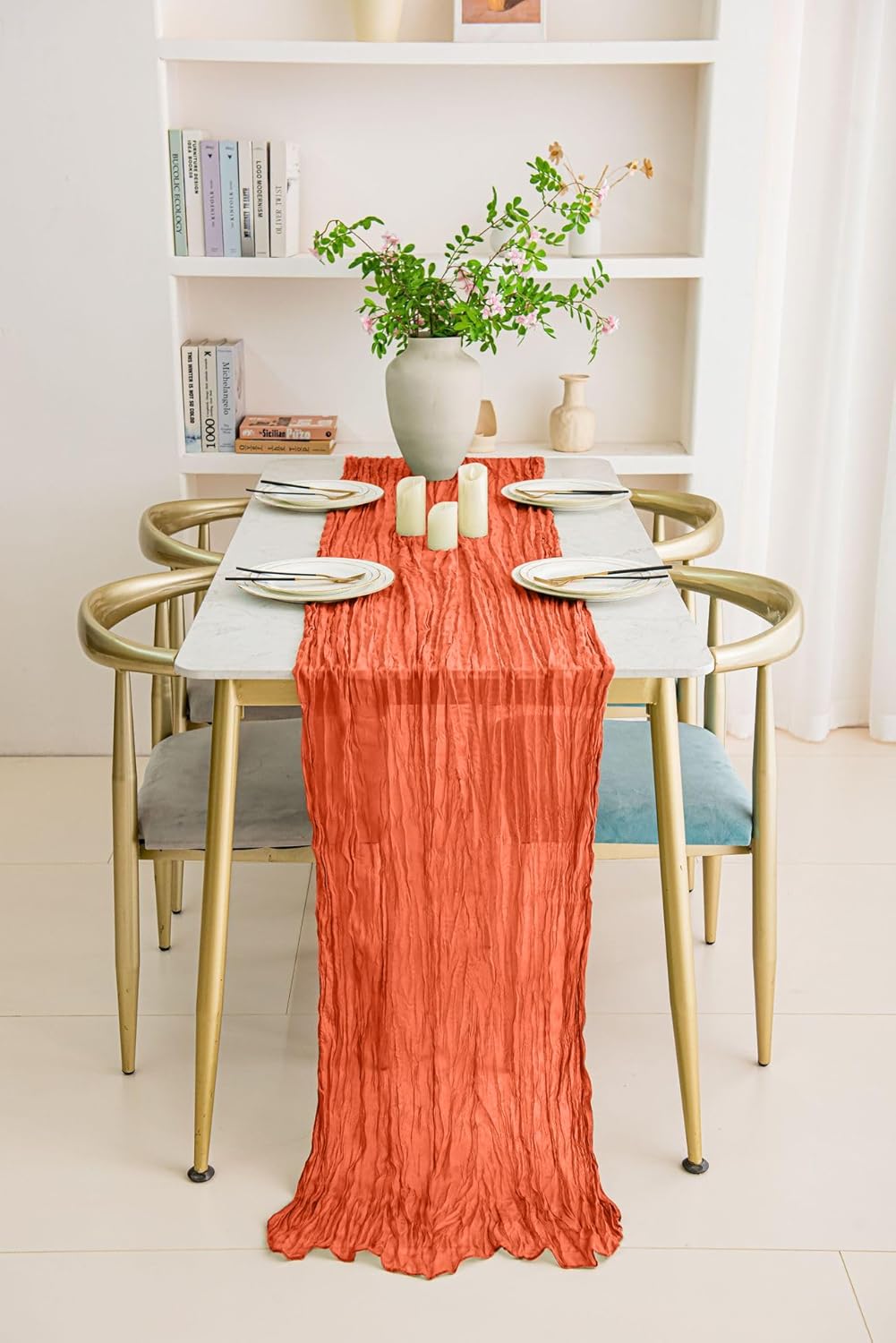 8 Pack 10Ft Orange Cheesecloth Table Runner 35x120 inch Boho Gauze Cheese Cloths Table Runners Long Wrinkled Sheer Romantic Table Runner for Wedding Bridal Shower Birthday Party Table Decor