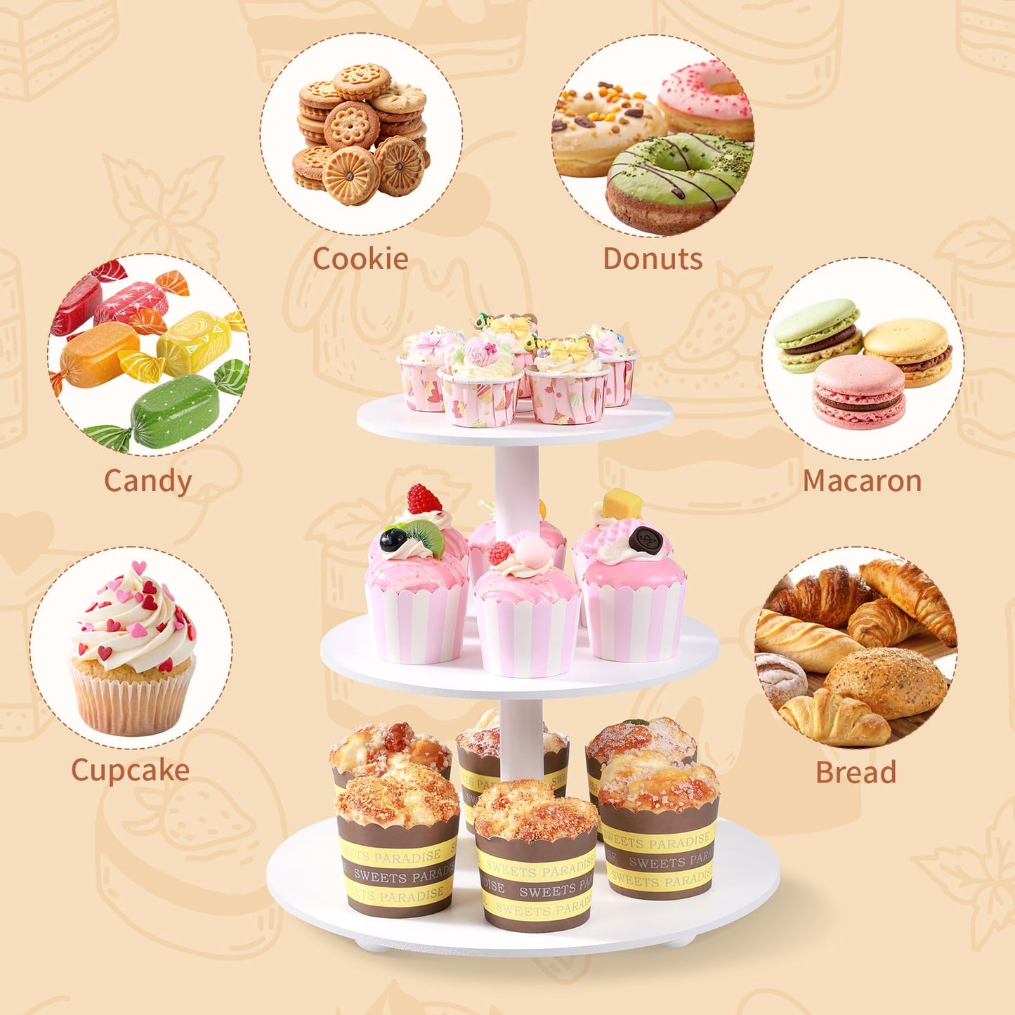 VIVIRBIEN 3-Tier Wood Cupcake Stand: 12in White Round stand for cupcake