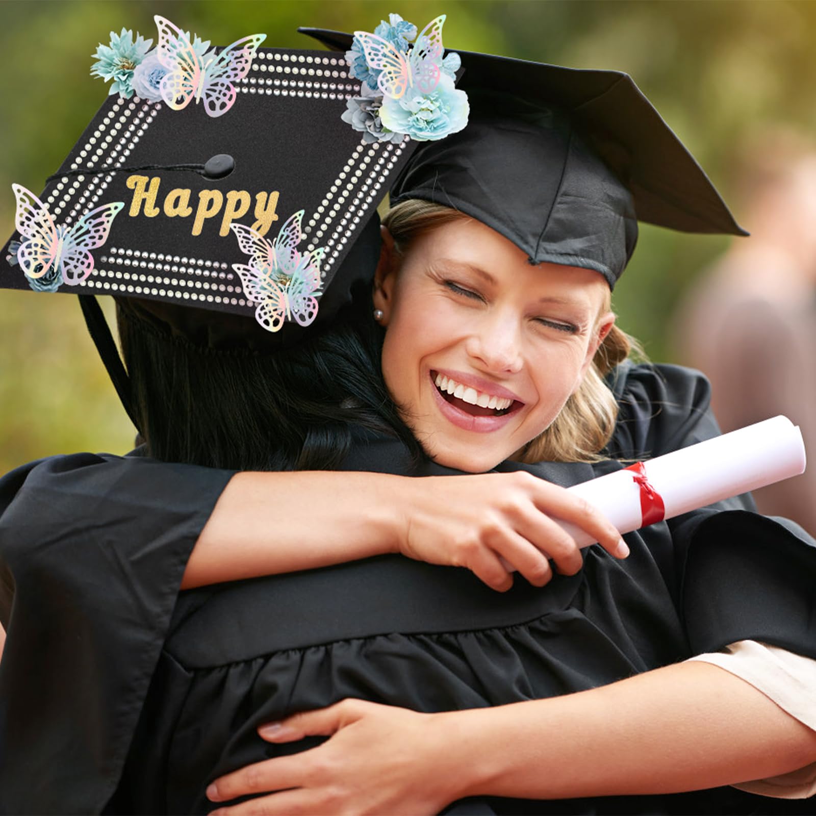 ZYNERY Graduation Cap Decorations Kit Grad Cap Topper Decor Includes Glitter Paper 3D Butterfly