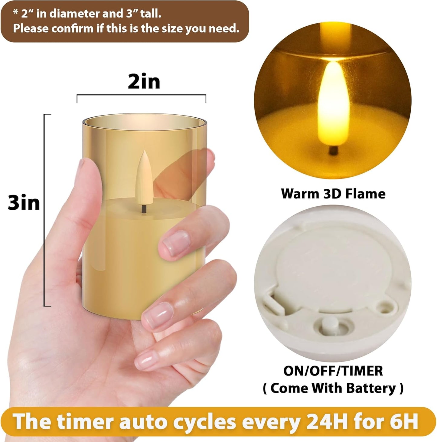 12Pack Flickering Flameless LED Candles with Timer, Battery Powered - Small Pillar & Votive, Acrylic Made, Gold (2"X3")