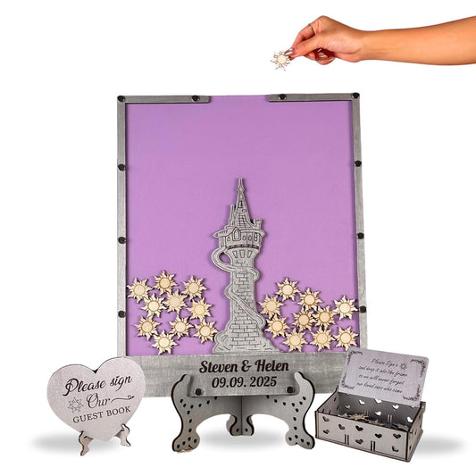Tangled Guest Book for Wedding | Silver Princess Tower Guest Book Alternative | Fairytale Wedding Guestbook | Personalized Wooden Sign In Book Keepsake