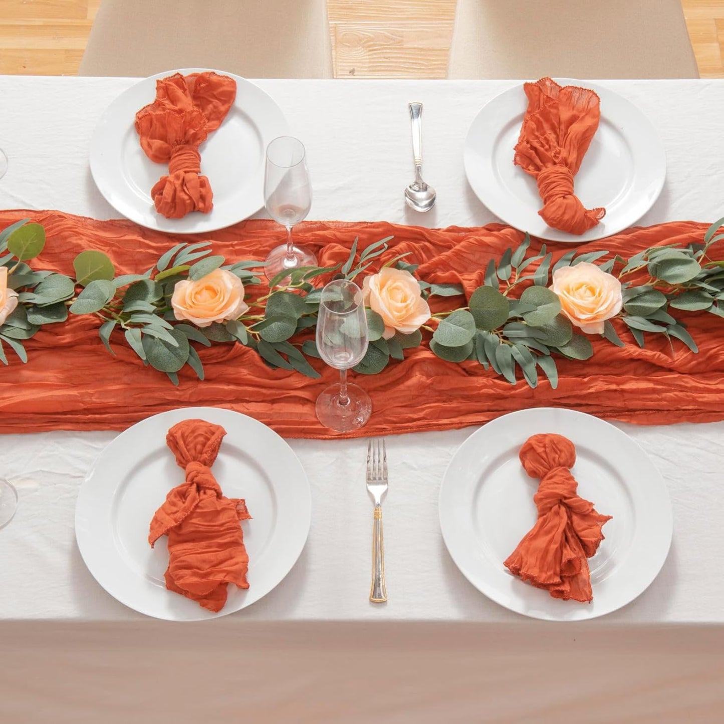 8 Pack 10Ft Orange Cheesecloth Table Runner 35x120 inch Boho Gauze Cheese Cloths Table Runners Long Wrinkled Sheer Romantic Table Runner for Wedding Bridal Shower Birthday Party Table Decor