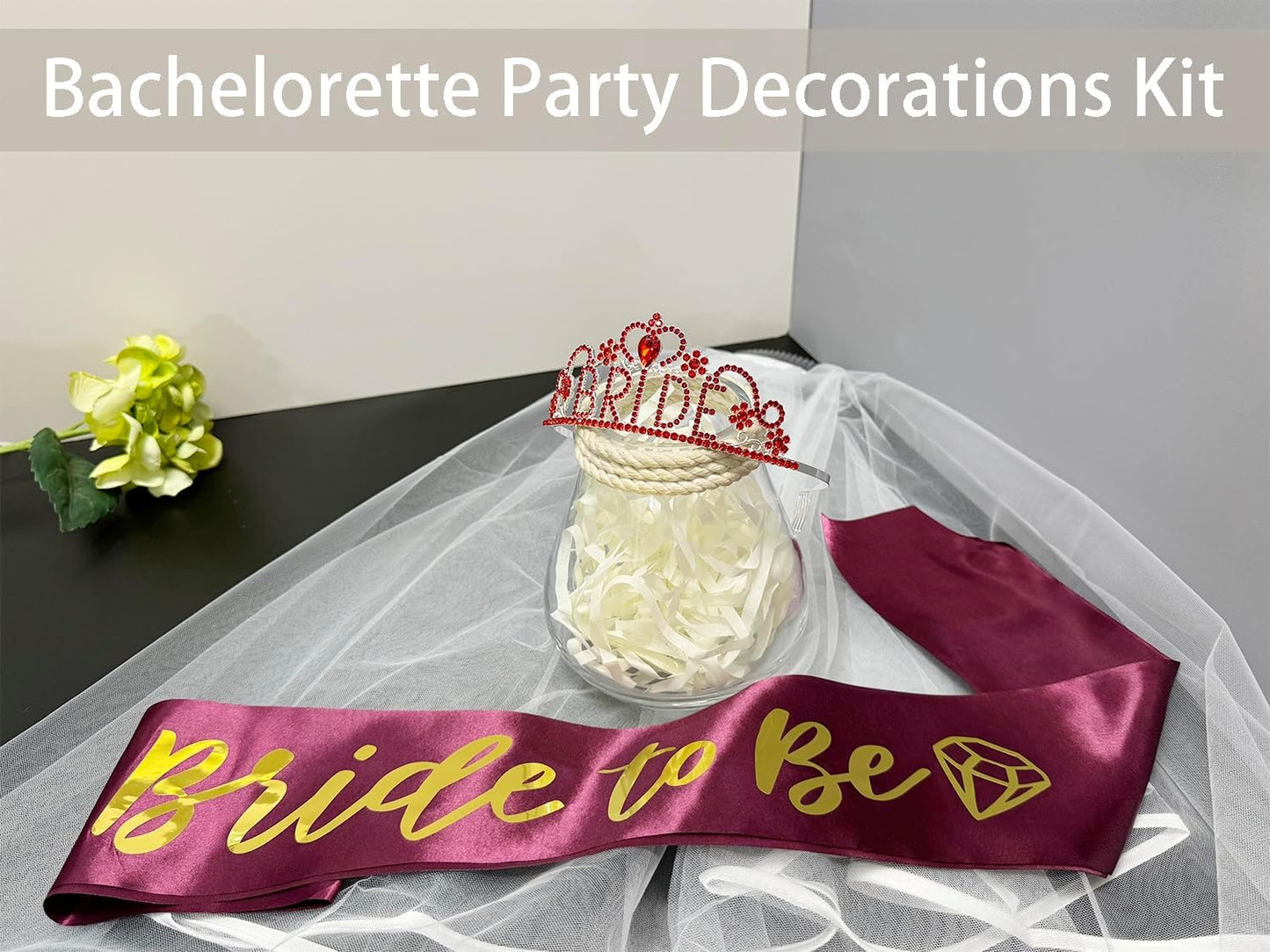 JETKONG 3 Pcs Bachelorette Party Decorations BRIDE Crown, Bride to Be Sash&Veil for Women Bachelorette Party Gifts, Bridal Shower Supplies, Gifts, Favors (Red)