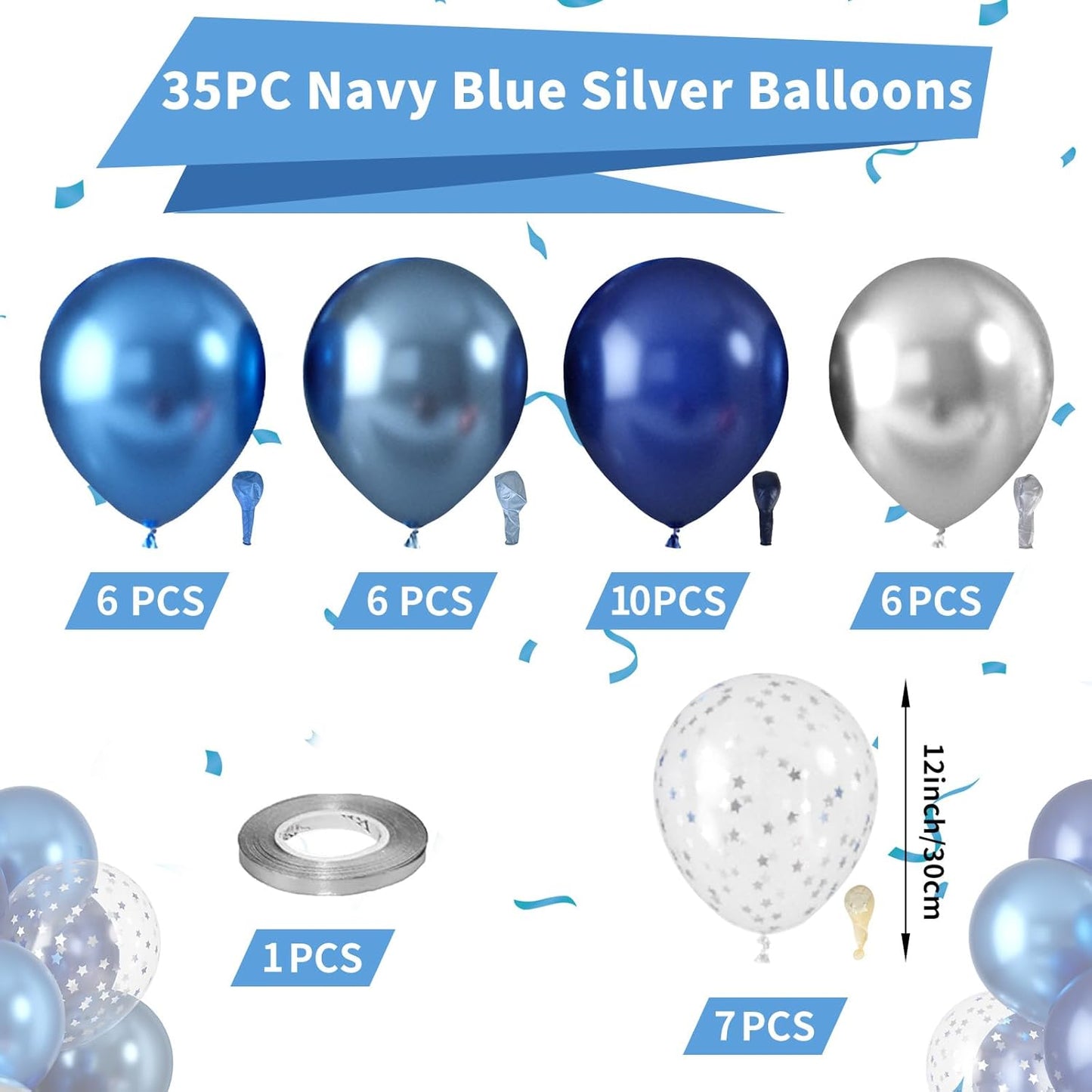 Blue Silver Balloons, Pearl Navy Blue Balloons Metallic light Blue and Silver Balloon Silver Star Confetti Balloon for Boys Girls Birthday Graduations Baby Shower Wedding Engagement Decorations