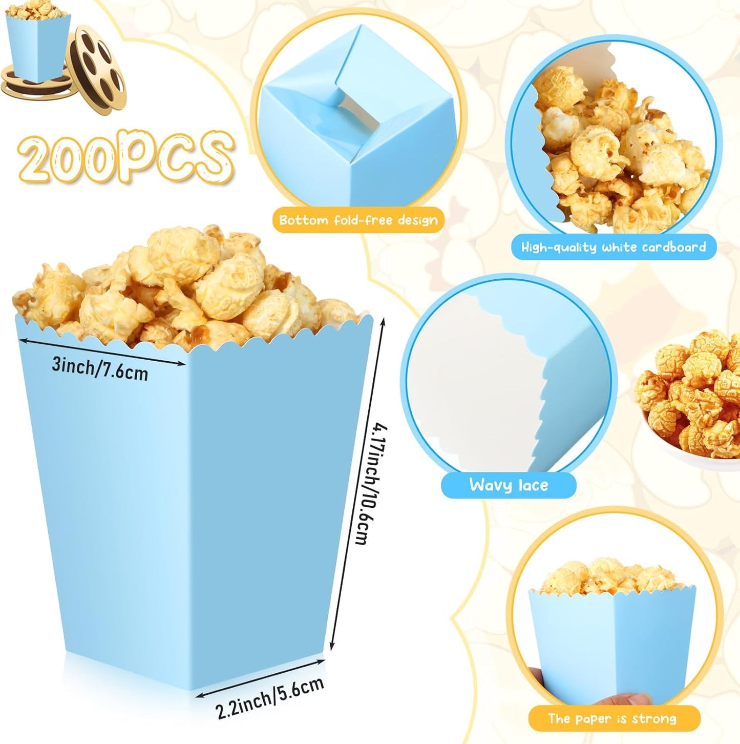 200 Pcs Popcorn Boxes Mini Paper Popcorn Box Cardboard Popcorn Container for Party Disposable Snack Candy Popcorn Bags Popcorn Holder for Birthday Wedding, 2.2 x 4.2 x 3 In (Blue,Simple)
