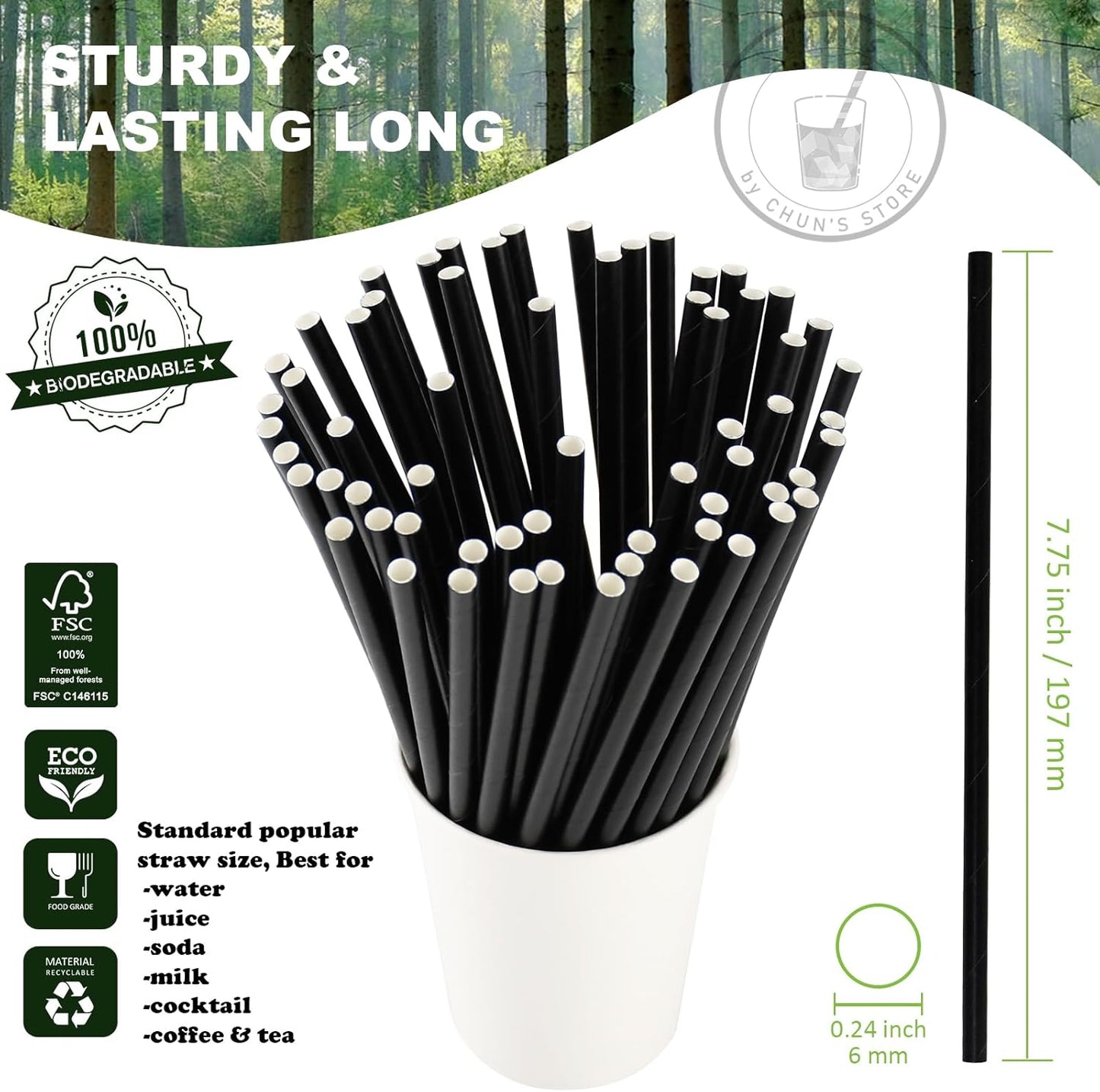 Black Paper Drinking Straws Bulk Individually Wrapped - 1000 Counts, 7.75" x0.24" - For Cocktail, Coffee, Bars and Restaurants