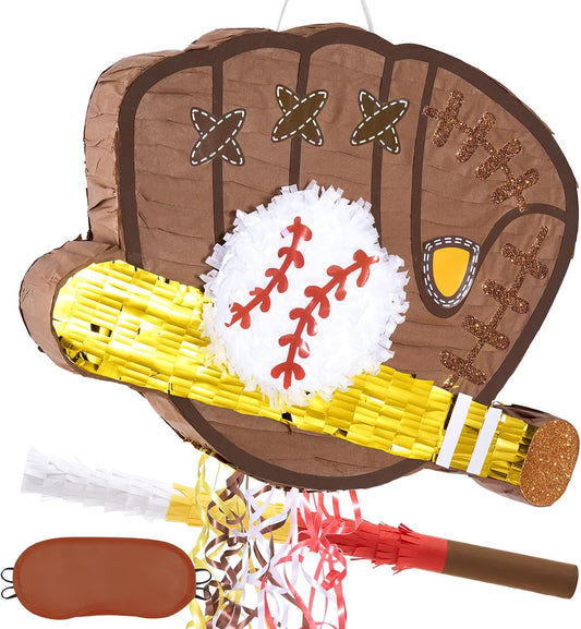 WERNNSAI Baseball Piñata - Baseball Piñata Bundle with Blindfold and Bat Sports Birthday Party Decorations for Boys Kids Pull String Baseball Gloves Piñata Family Games Baseball Party Supplies