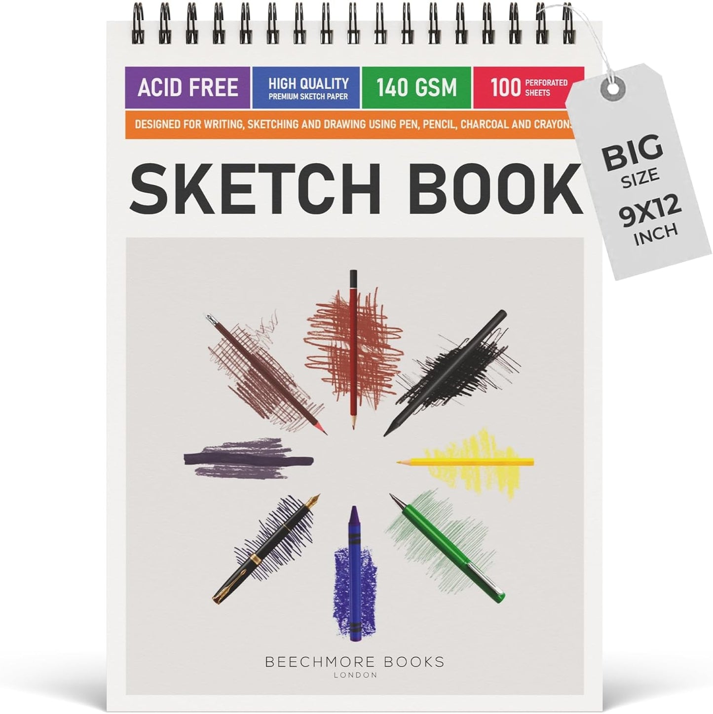BEECHMORE BOOKS 9x12 Spiral Sketchbook ??140 GSM Acid-Free Paper, 100 Perforated Pages, A4 Art Sketch Pad for Drawing & Sketching, Artists, Adults