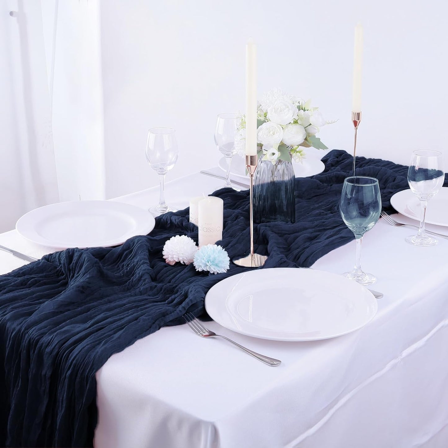 Boho Gauze 16PCS Navy Blue Cheesecloth Table Runners - 35x120Inch Long Rustic Sheer Table Decor for Wedding, Party, Baby, Bridal Shower