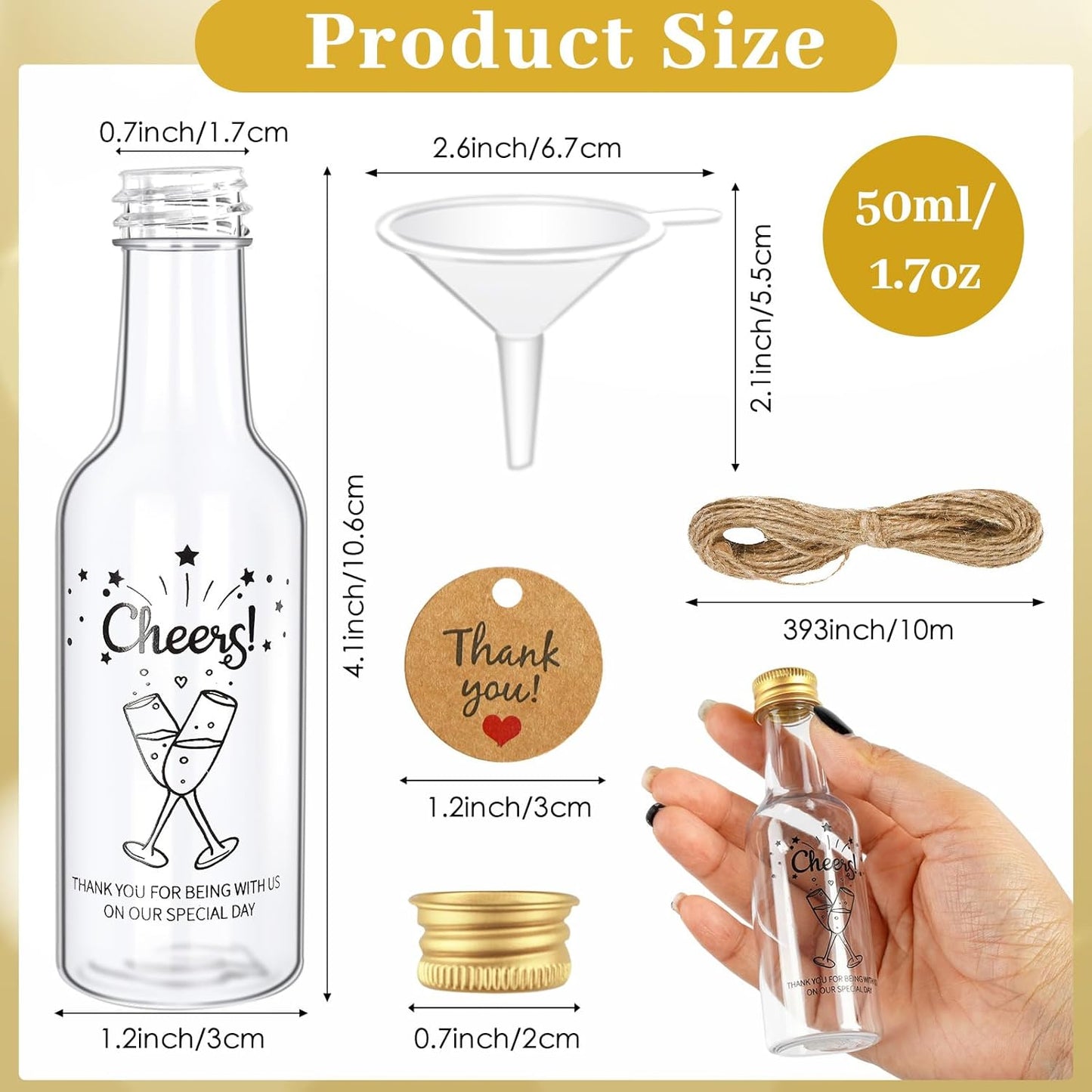 OurWarm 50 Pack Mini Liquor Bottles, 1.7oz/50ml Mini Shot Bottles with Gold Screw Caps Funnels Tags & Twines, Empty Wine Bottles for Juice Alcohol Homemade Liquor Birthday Wedding DIY Party Favors