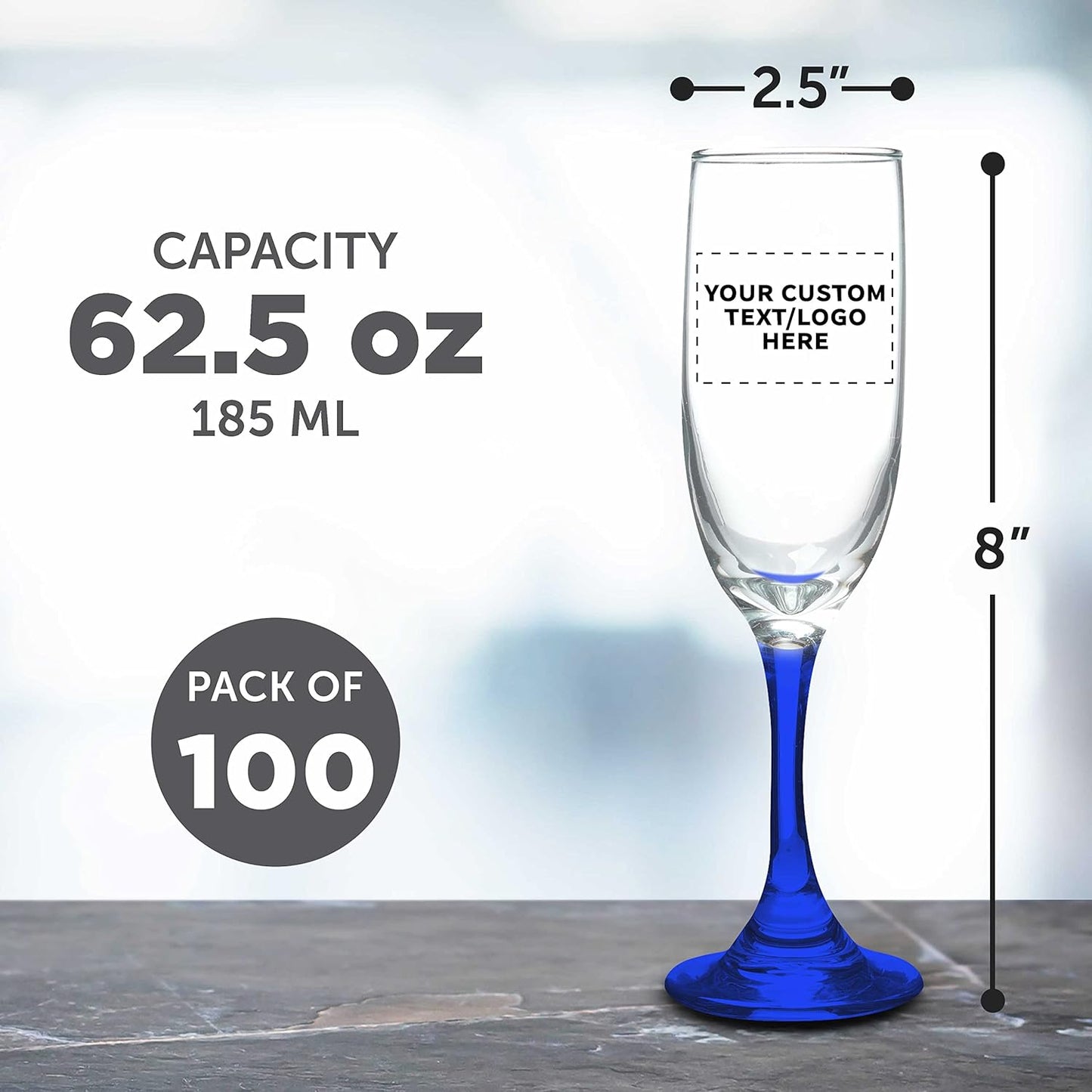 DISCOUNT PROMOS Custom Premiere Champagne Flutes 6.25 oz. Set of 100, Personalized Bulk Pack - Elegant Drinkware for Weddings, Events, & Promotional Gifts - Blue