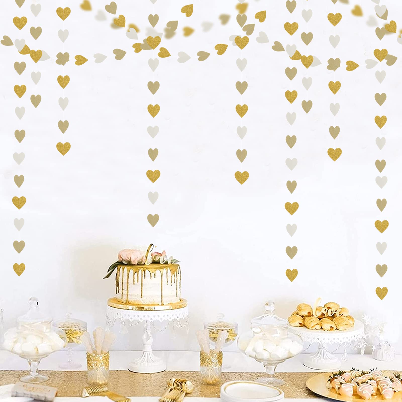White-Gold Champagne Party-Decorations Heart Streamers Garland - 52Ft Christmas Wedding Engagement
