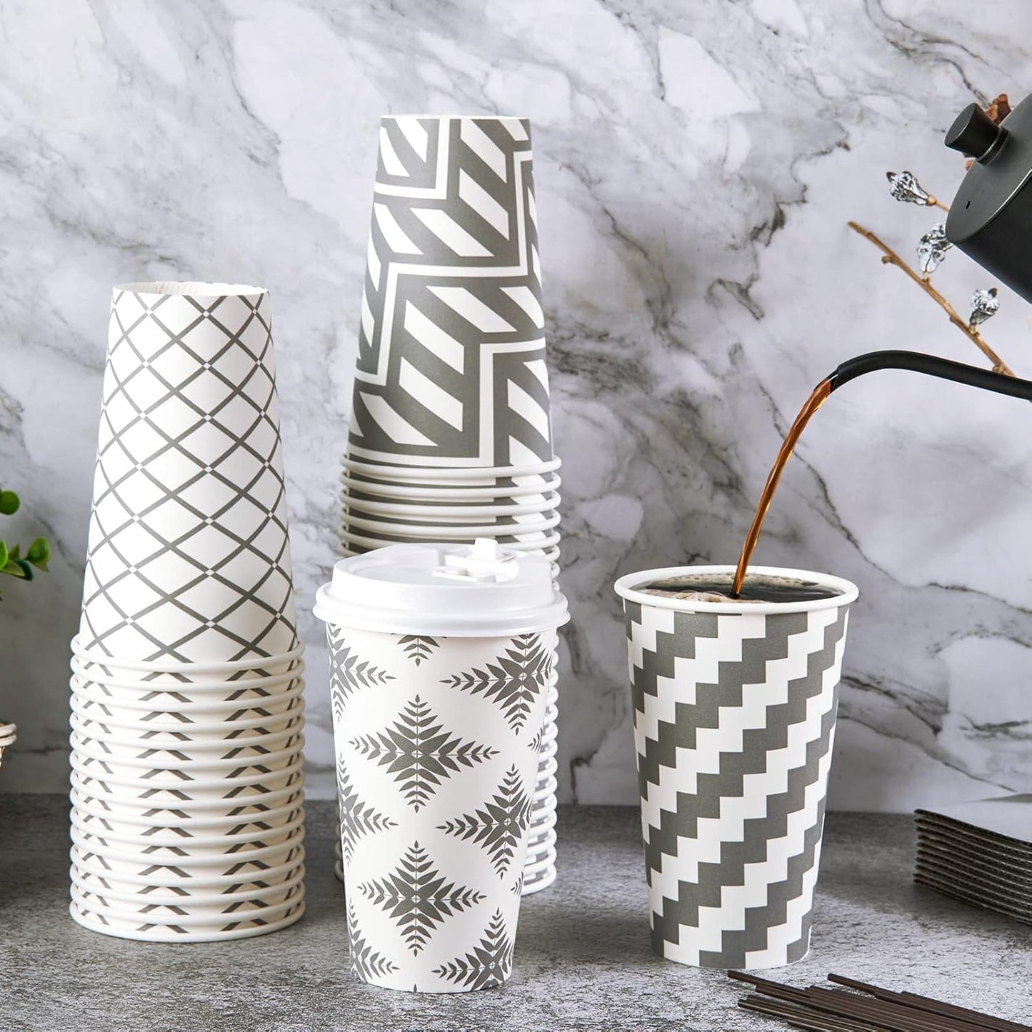 LITOPAK 100 Pack 16 oz Paper Coffee Cups, Disposable Coffee Cups with Lid, Sleeve, and Straws for Home, Stores, and Cafes