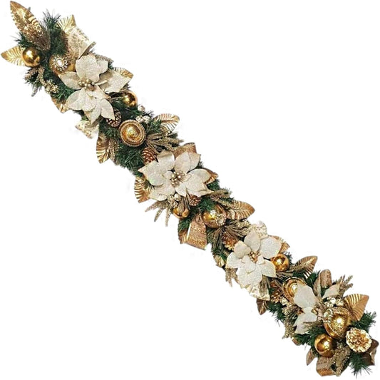 Holiday Tree White Gold Poinsettia Garland 5 Ft – Luxurious Christmas Garland with Metallic Accents, Festive Home Décor for Mantels, Doors & Tables