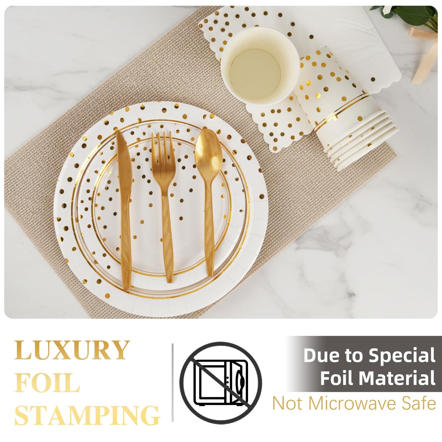 168Pcs White and Gold Paper Plates and Napkins Party Supplies for 24 Guest