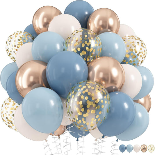 Dusty Blue Balloon Set, 60Pcs 12 Inch Slate Muted Baby Blue Fog Pastel Light Blue White Sand Balloon with Metallic Confetti Champagne Gold Balloons for Boy Birthday Party Baby Bridal Shower Decortaion