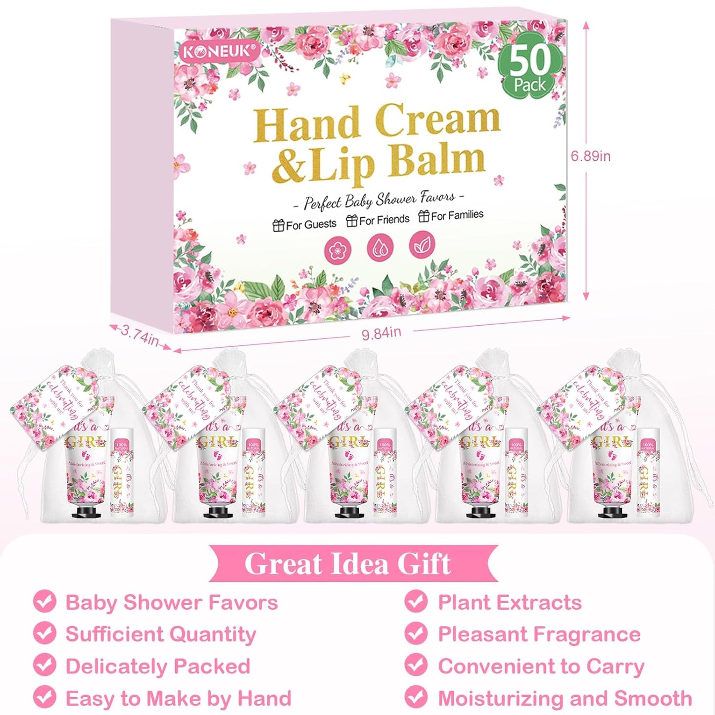 50 Pack Bulk Hand Cream and Lip Balm Gifts Sets, Baby Shower Favors and Bridal Shower Favors for Guests with Thank You Card and Organza Gift Bags, Appreciation Gifts, Wedding Party Favors (Baby Girls)
