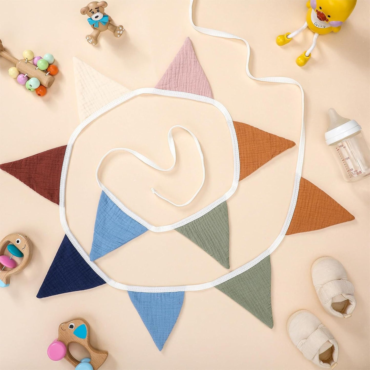 Oudain 15.5 ft Pennant Banner Flags, 2 Pcs Nursery Garland Triangle Bunting Flag Baby Banner for Nursery Decor Baby Birthday Boho Wedding Shower Party Event, Each 7.75 ft(Neutral Color)