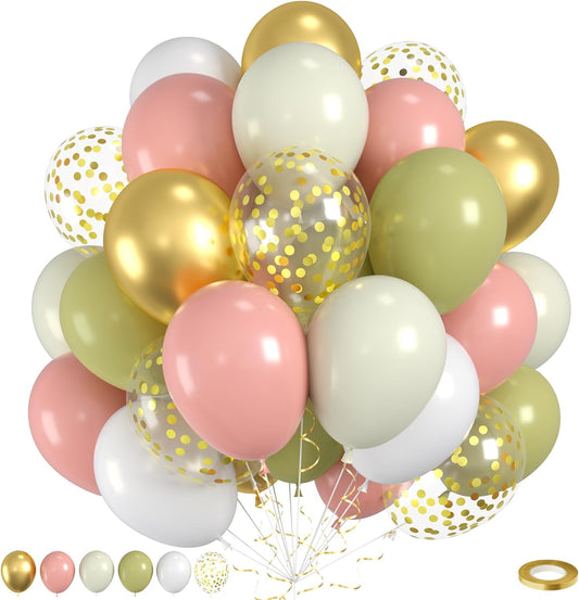 Pink And Green Balloons, 60pcs Sage Green And Pink Balloons, Sand Cream White Balloon, Gold Confetti Balloon For Girls Women Lady Birthday Baby Shower Spring Garden Theme Party Wedding Decorations
