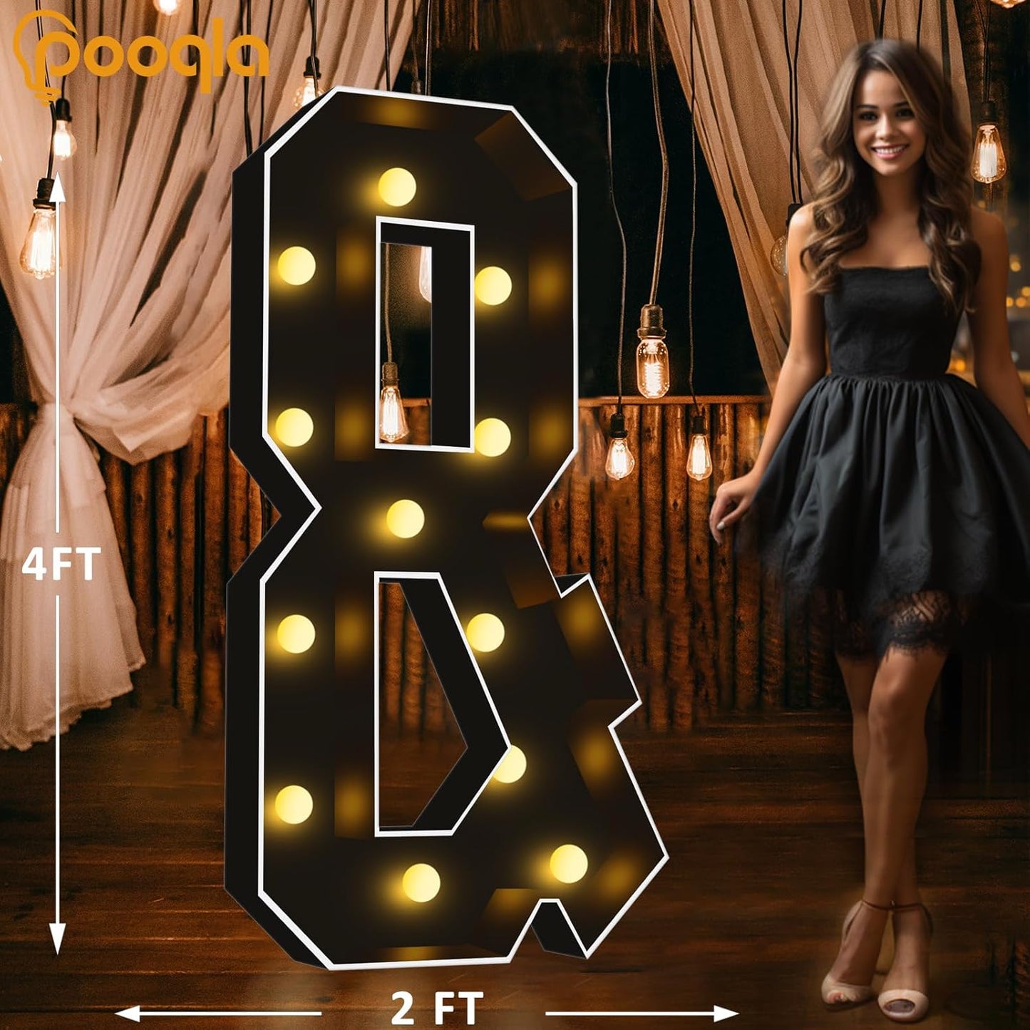 Pooqla 4 FT Marquee Light Up Letters, Black Marquee Letter Lights 4 Feet Tall for Birthday Decoration, Big Mosaic Letters Sign for Balloons Party Anniversary Wedding Decorations, Giant Warm White &