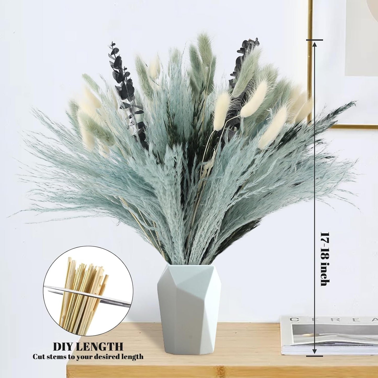 N&T NETING 100Pcs Grey Pampas Grass Decor Natural Dried - Gray Pampas Grass Bunny Tails Eucalyptus Leaves Gray Flowers for Centerpieces Rustic Living Room Home Wedding Boho Modern Decor(17.5 Inch)