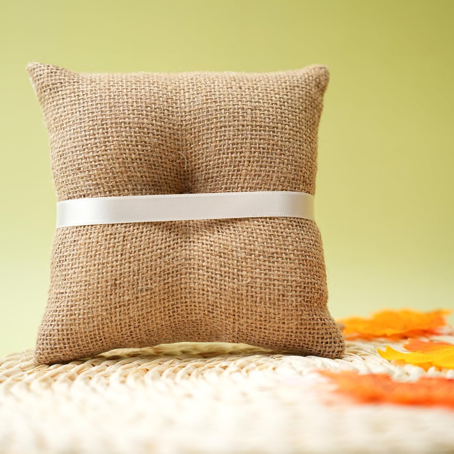 QIRMIZI 2PC Vintage Rustic Burlap Ring Bearer Pillow - Elegant Fall Wedding Décor with Lace, Bow, and Embroidered Flower Ribbon