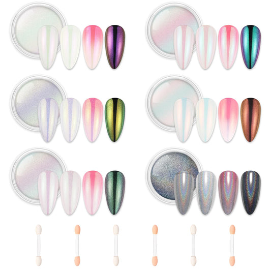 AIMEILI Pearl Chrome Nail Powder, Vegan, Cruelty Free, 6 Colors Aurora Metallic Holographic Mirror Effect Nail Art Pigment Iridescent Shell Glitter Nail Art