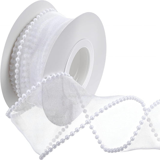 1.5 Inch Faux Pearl Ribbon, Smooth White Ribbon with Pearl Edges Wire, 4.5m Sheer Mesh Ribbons for Gift Wrapping, Bows Bouquet Decor Crafts, Wedding Bridal Decorations