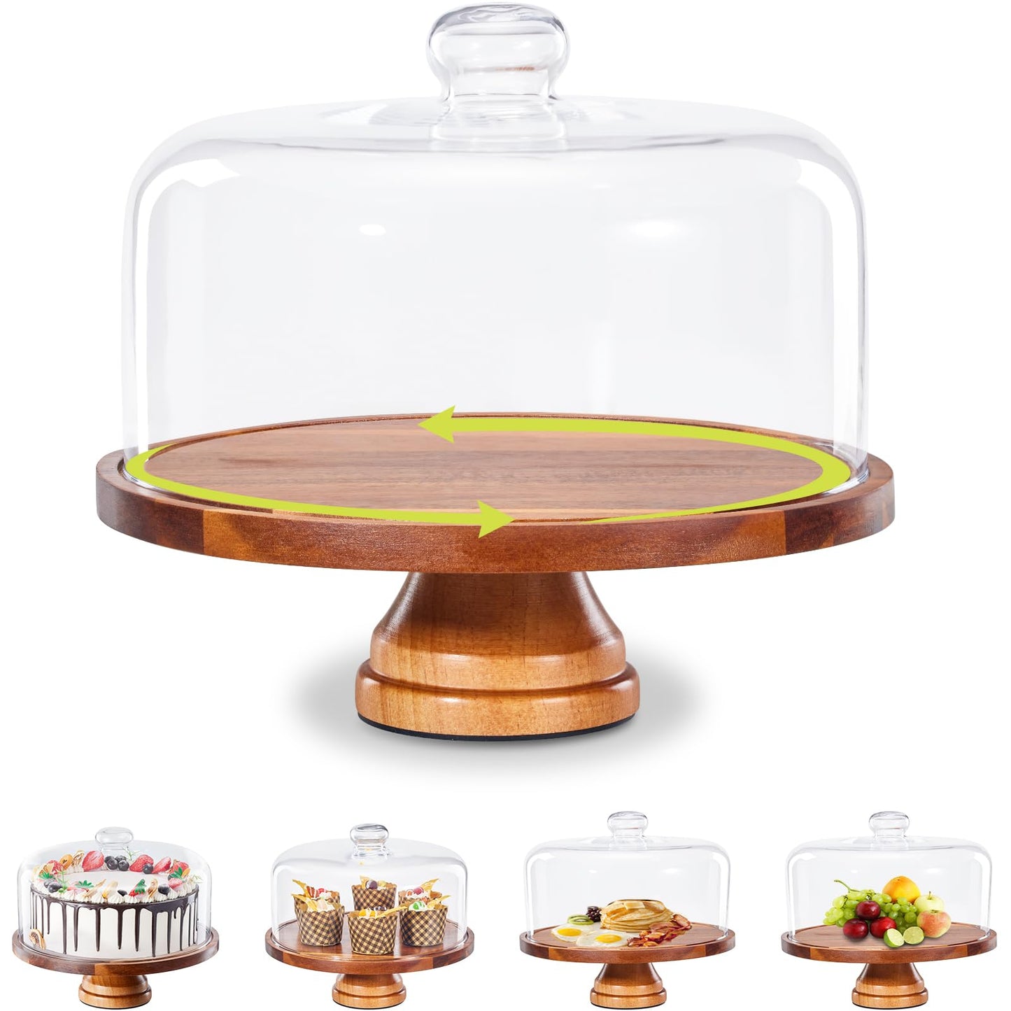 Yangbaga Cake Stand with Lid: 11in Rotating Wooden Cake Holder w/Glass Dome