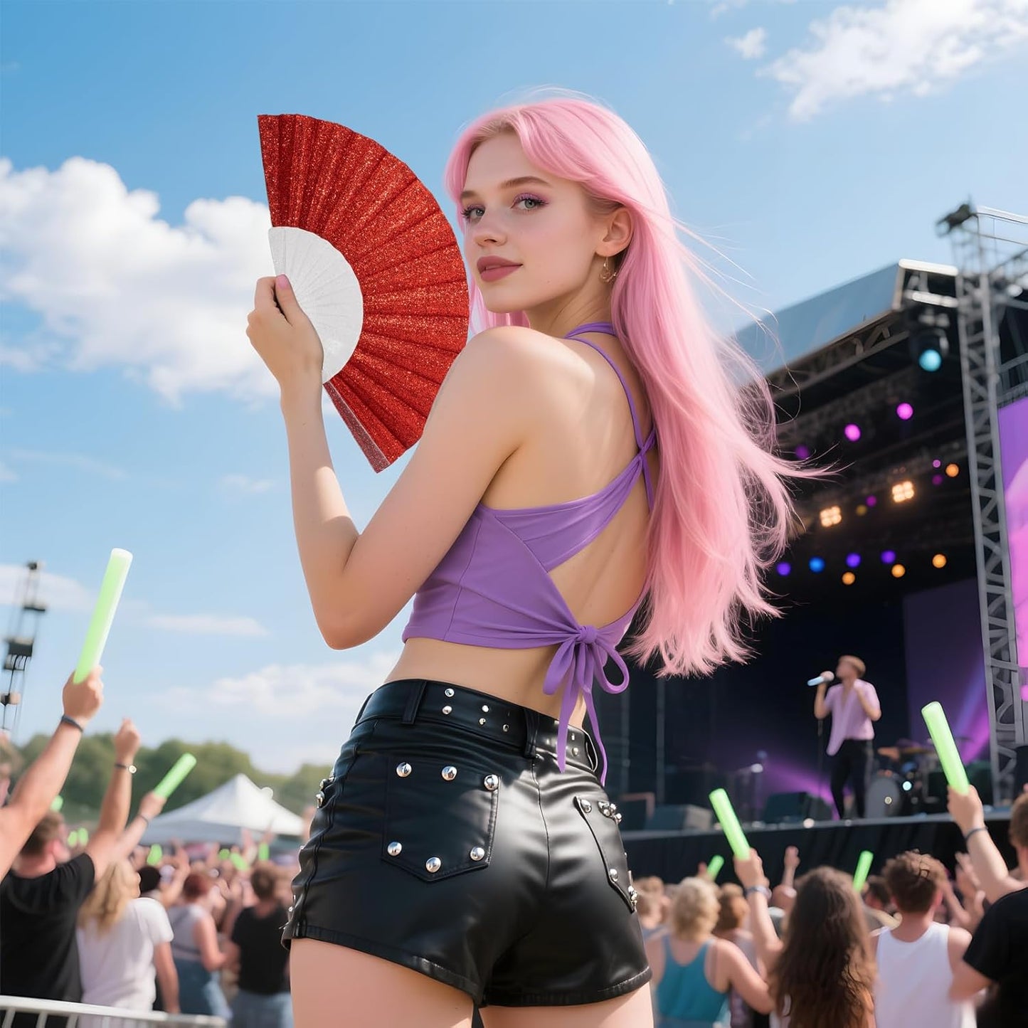 48 Pack Handheld Fan,Folding Hand Glitter fan with Shining Transparent Fan Rib – Ideal for Wedding, Church, Festival, Dance, Tea Party, Club, and EDM Accessories, Red