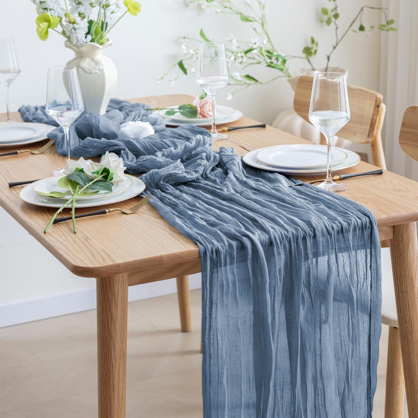 Asee'm 12pcs Cheesecloth Table Runner 120 Inches Long Dusty Blue Boho Gauze Cheese Cloth Runner 10FT Rustic Sheer Table Runners for Christmas Wedding Party Baby Shower Spring Easter Decoration