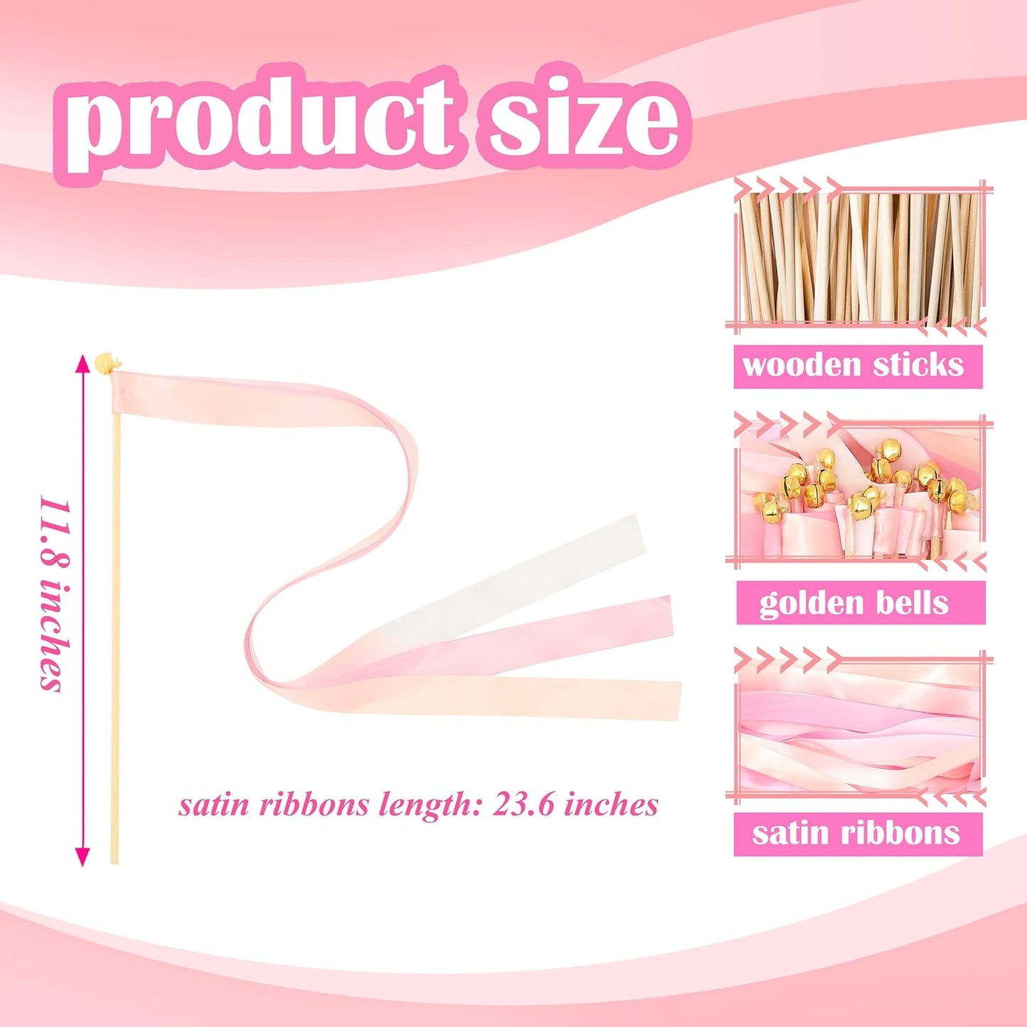 60 Pieces Wedding Colorful Ribbon with Bells, Party Ribbons Streamers Sticks Magic Wish Fairy Wand for Wedding Party Holiday Activities Favors (Pink-60)