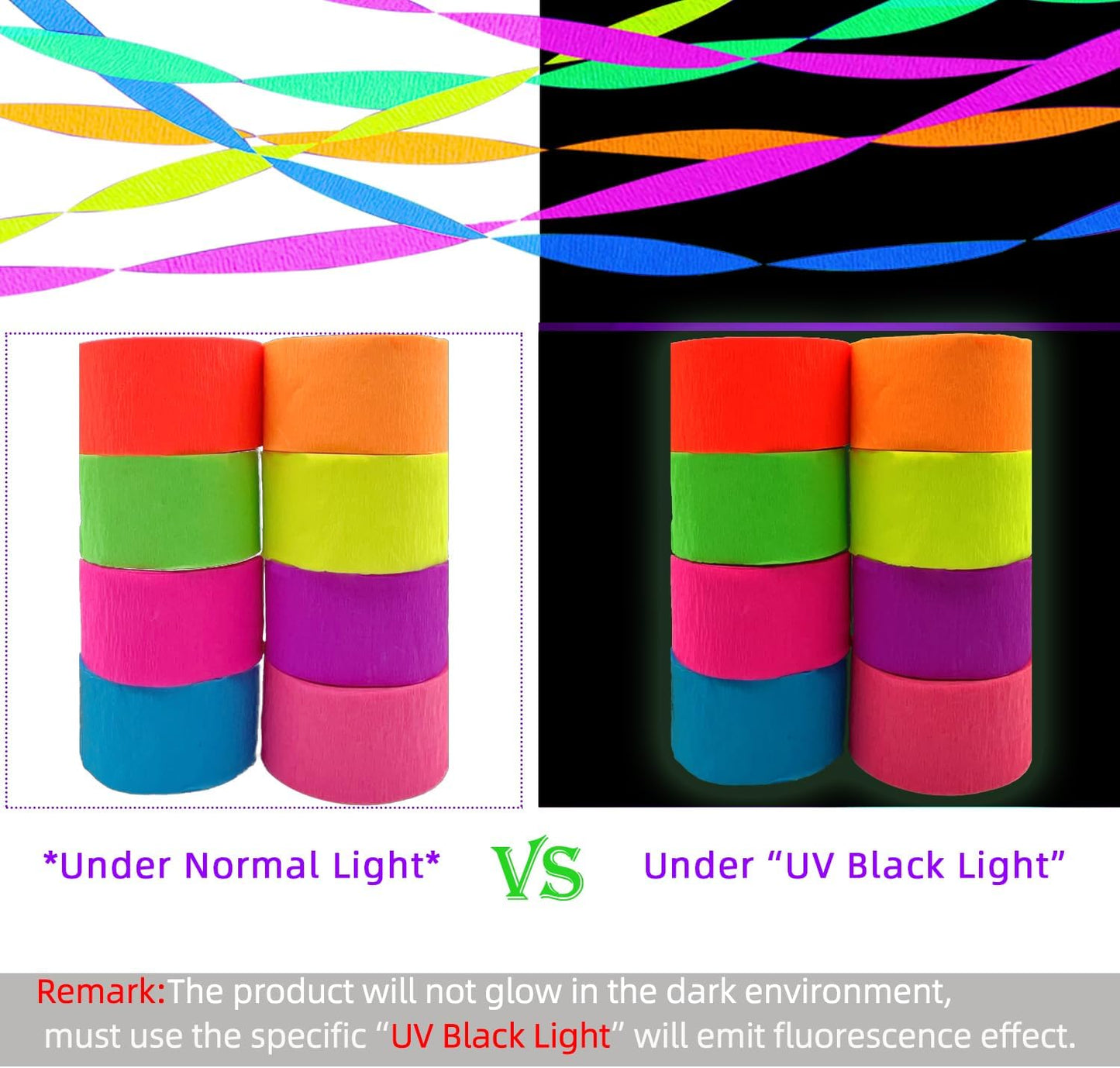 1776 feet Glow Party Neon Streamer Decorations Glow Crepe Neon Paper Streamers UV Reactive Blacklight Fluorescent Glow in The Dark Party Supplies and Decorations Wedding Birthday